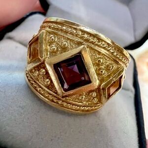 Vintage Art Deco Ornate Solid 10K Gold Stunning Statement Ring Amethyst Citrine
